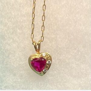 July Birthstone Necklace Heart Shaped Ruby in 14k gold with diamond accents